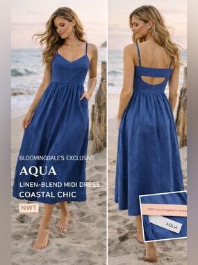 NWT AQUA Blue Linen Blend Midi Dress | Spaghetti Strap | Coastal Summer M